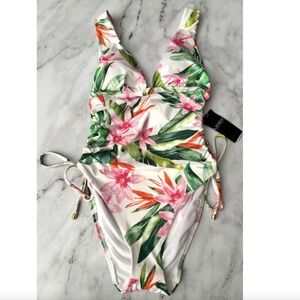 Lauren Ralph Lauren Nwt White Floral Side Tie Plunge One Piece Swimsuit Swim